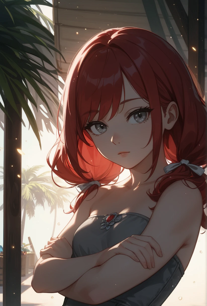 masterpiece, rich colors, Best quality, detailed, high resolution, Hyper quality, high detail, , high quality, detailing, skinny sexy girl on the beach , bright lighting , green eyes, Anime, palm trees, bright lighting, redhead,