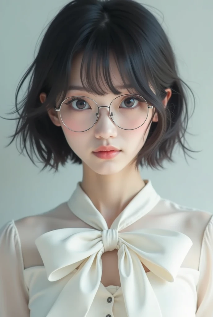 One woman, Japan people in their 20s, symmetrical beauty, Small face, sharp outline, A dark-haired, (Shoulder length short bob hair, Curly hair, The hair near the shoulders should have strong waves.), With bangs, (thick eyebrow, Thick eyebrows), realisticeyes, 二重まぶた, drooing eyes, Thicker lips, closes mouth, A slight smil, Smiling smile, (Rimless glasses, Small glasses, glasses for women), Wheat-toned skin, realistic skin textures, H Cup, a little fat, directly in front of the camera, looking directly at the viewer, Looking at the camera, The light source is from the front.
