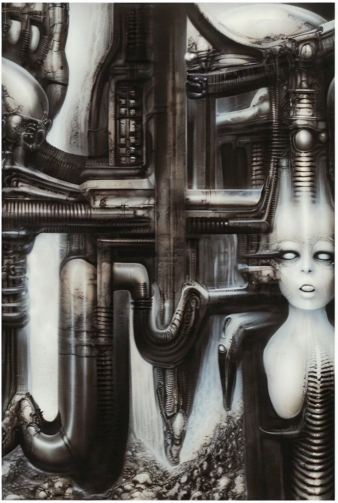 g1g3r, g1g3r, Giger_style, The image is a detailed view of H.R. Giger's \" Li II \" plate, featuring  a close-up of a complex, intricate, and detailed metal sculpture of a creature with a skull-like face and a long neck, surrounded by a network of pipes and wires, resembling a mechanical or cybernetic beast... The artistic manner would be unmistakably Gigeresque. A dark and unsettling beauty would permeate the piece, blurring the lines between fascination and repulsion , forever haunted by the grotesque allure. Giger's signature artistic manner would be evident in every stroke. The artist has used careful linework to depict the contours and textures in the piece, (Triadic:1.1), (Proportion:1.1),  (Frottage:1.1), (Reflected light:1.2), Parchment, Octagon, ultra detailed, intricate,, dry brush, (surrealism:1.1), (disturbing:1.1),   
AnatomicTech ,vessels, scifi