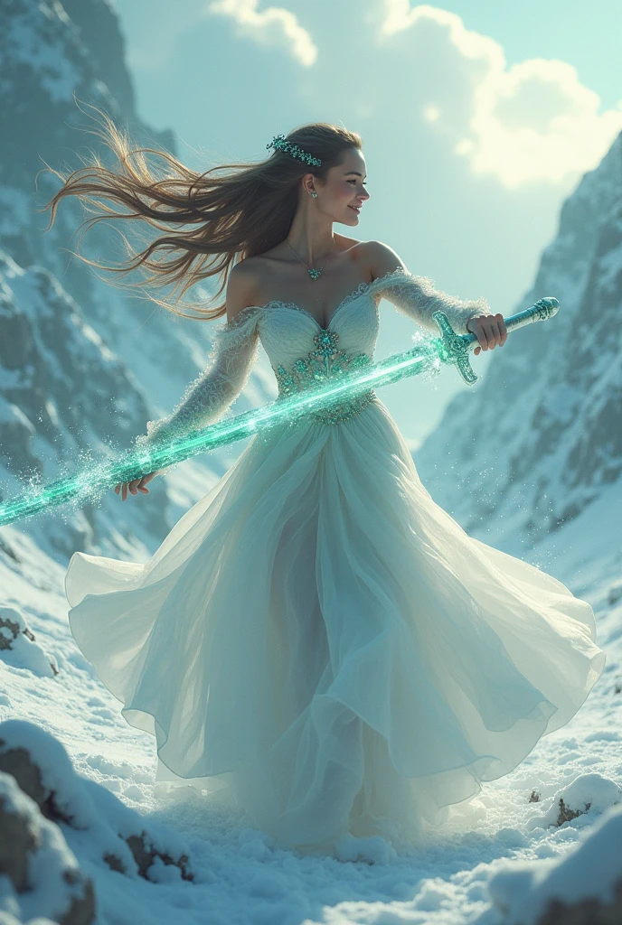 A beautiful woman with long flowing hair wielding an ice rainbow flaming sword, dancing in a snowy landscape, wearing a flowing white dress, adorned with emerald jewels, her confident smiling face surrounded by swirling clouds against a mountainous backdrop, (best quality,4k,8k,highres,masterpiece:1.2),ultra-detailed,(realistic,photorealistic,photo-realistic:1.37),extremely detailed eyes and face,longeyelashes,intricate ice sword,dramatic lighting,moody atmospheric,fantasy,cinematic,digital painting