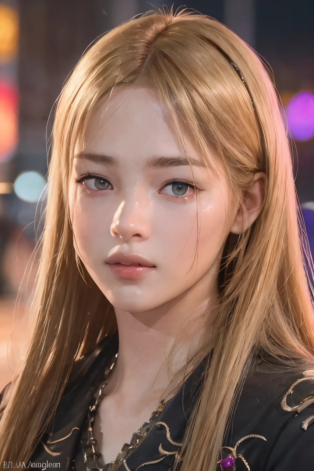 Top Quality, Masterpiece, Ultra High Resolution, (Photorealistic: 1.4), Raw Photo, 1 Girl, Blonde Hair, Glossy Skin, (Ultra Realistic Detail)), Portrait, Global Illumination, Shadows, Octane Rendering, 8K, Ultra Sharp, Big, Raw Skin, Metal, Intricate Ornament Details, Korea Details, Very intricate details, realistic light, CGSoation trend, purple eyes, glowing eyes, facing the camera, neon details,