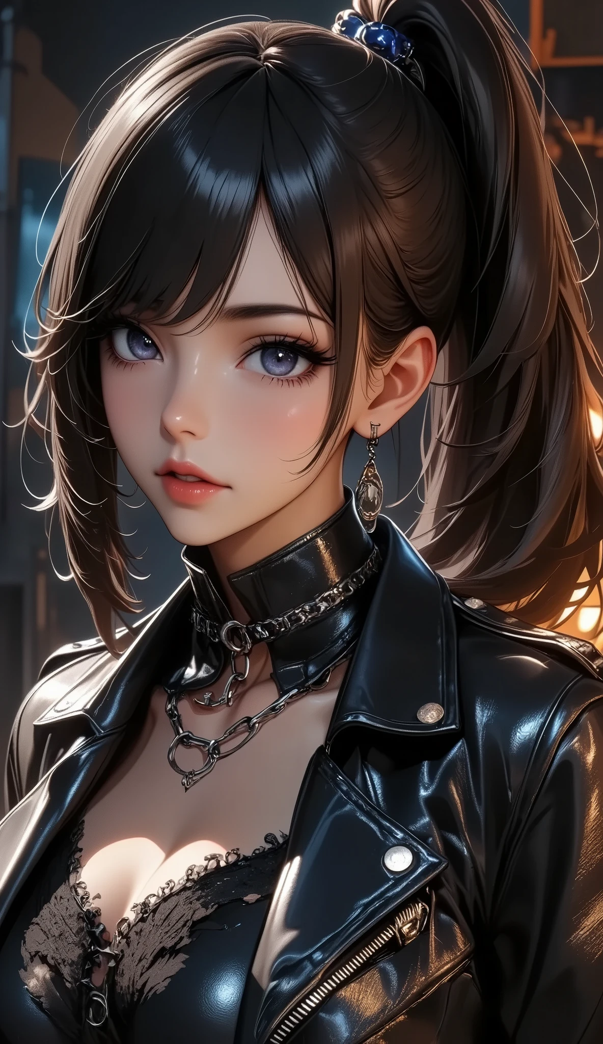 Woman, 30 years, hot, Tight black dress, high-heeled boots, leather jacket, gold accessories, vibrant, dark blue hair, pony tail, amber eyes, makeup, red lips, high detail, cinematic lighting, from above, caustics, masterpiece, textured skin, super detail, high quality