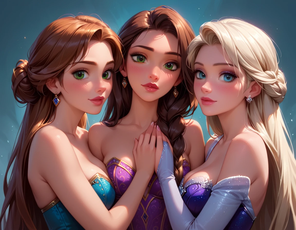 score_9, score_8_up, score_7_up, score_6_up, rating_questionable, 4girls, beautiful waifu, gorgeous Anna, Elsa, Ranpunzel, and Megara, embracing, wearing (beautiful ballgowns, bare shoulders:1.1), high heels, eyes half-closed, filled lips, thick lips, detailed eyes, detailed face, dimly lit, perfect hands, (Hand, detailed, perfect, perfection, hands:1.2), perfect proportions, simple background, (cowboy shot:1.4).