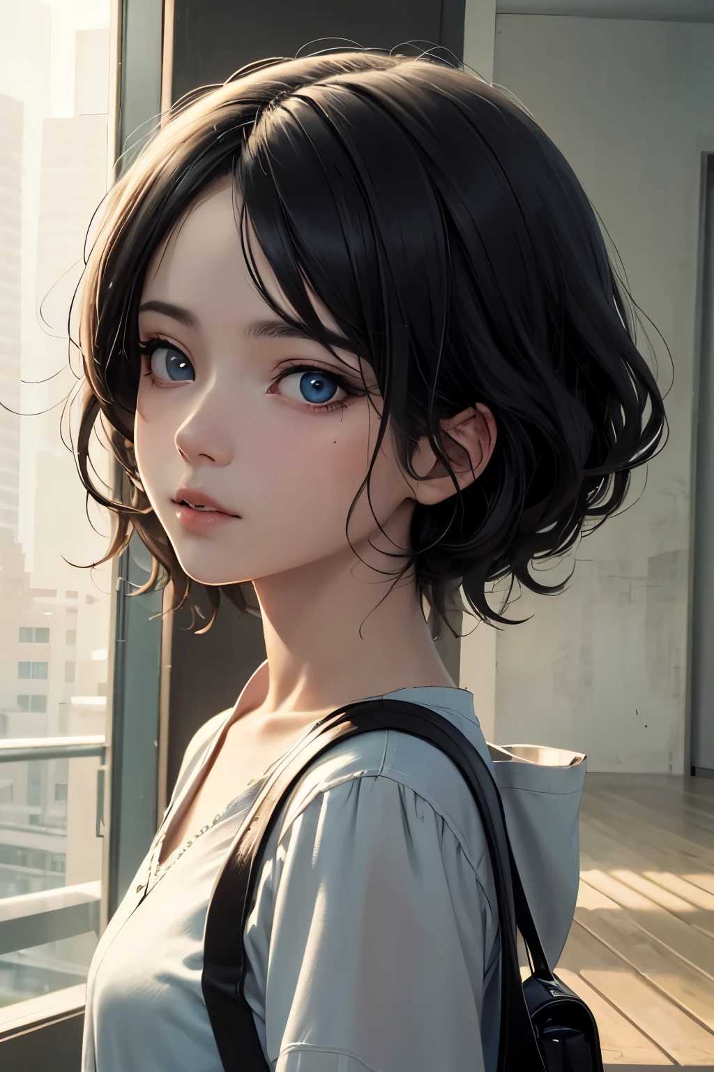 (Masterpiece), (high quality), (ultra detailed), (short hair), (illustration), (1girl), (casual clothes), standing, model, looking at the viewer, (photo essay), (blurred background), beautiful detailed eyes, beautiful and delicate face, black skin, floating, (low saturation), (bright), focus on facial expression, black hair, side bangs,
