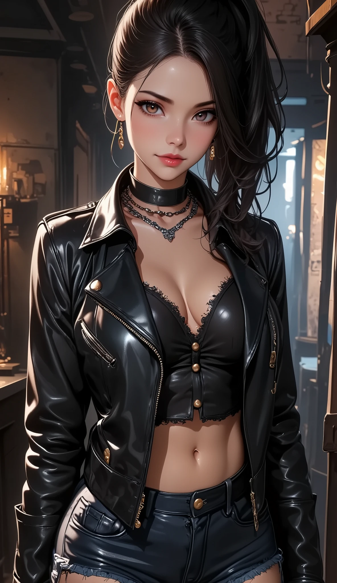 photorealistic mixed oil painting of woman in leather corset and leather pant steampunk style , oversize leather jacket with beautiful breasts, medium breasts, The setting should be grand and richly decorated , medium long shot , cinematic light , blur effect ,fantastic ,dim light atmosphere , elegance pose, punk-car fog background