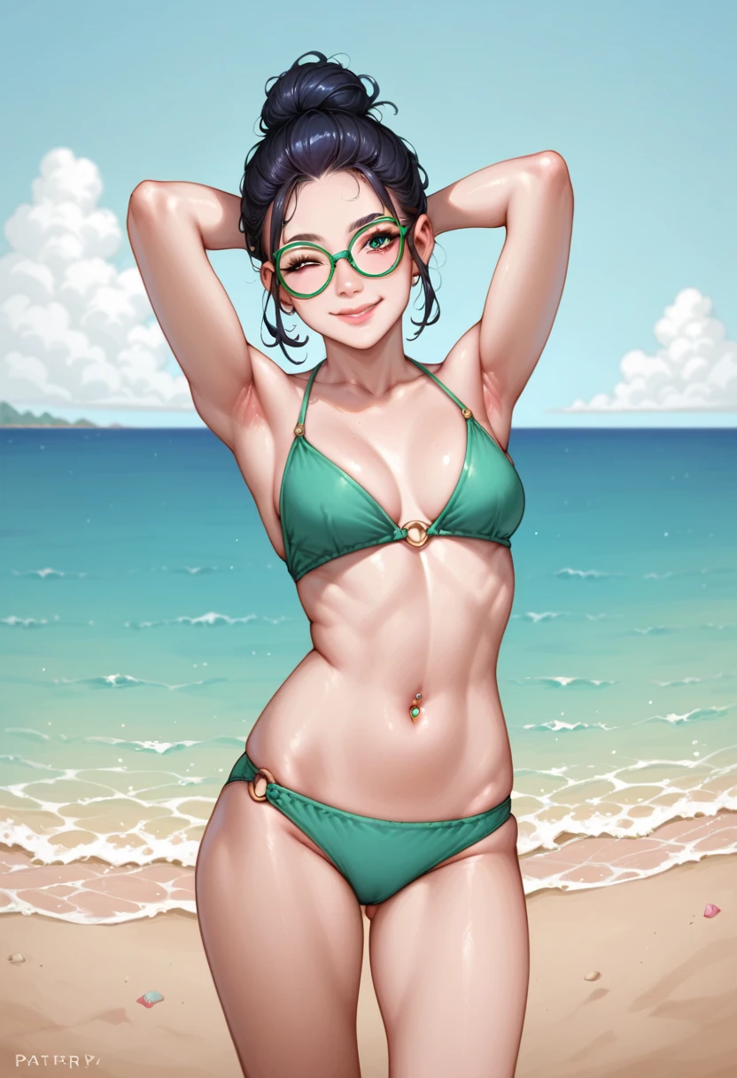 score_9, score_8_up, score_7_up, score_6_up, 1girl, Patty, PattyRH, black hair, hair bun, gradient hair(red-black), green eyes, big round eyeglasses, small breasts, slim, pale skin, dynamic pose, green bikini, beach, smiling closed mouth, cowboy shot, pierced navel
