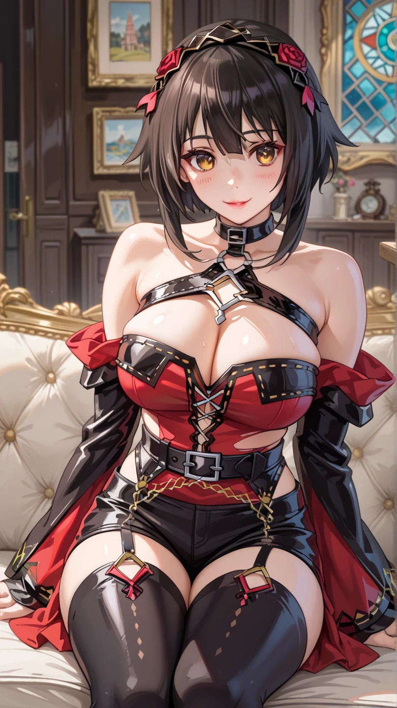 MeguminLoLXLv2, anime, (masterpiece, best quality), Perfect eyes, intricate details, 1 girl, megumin, short hair, dress, red dress, has, witch has, belt indoors, shrugging, presumptuous, medium size, bare shoulders, tight black dress, highlighted sleeves, black sleeves with bandages, black shorts, belt, (black leggings with bandages), leggings fingerless, She wears kitten lingerie, gothic clothes combined with flannel, black style with subtle lace details, as well as accessories with spikes and leather straps on the wrists. Her makeup is bold, with dark lipstick and bold eyeliner, highlighting her piercing yellow eyes. She displays an enigmatic smile, sitting confidently on a leather sofa, with a touch of dark and mysterious charm. All around, gothic elements such as a dark atmosphere complete the scene, accentuating its dark and sensual style, Full body super sexual from the front with legs wide open to the viewer, With closed legs open upwards sexually well isolated, very wide neckline, fleshy thighs , posture, sexy, fleshy, pose, sexual, torn clothes Super sexual full body facing with legs open to the viewer, wide open, close-up opening, sexual separations, very large cleavage, fleshy thighs, posture, pose sexy, fleshy, without tails, wears black Jens pants,
