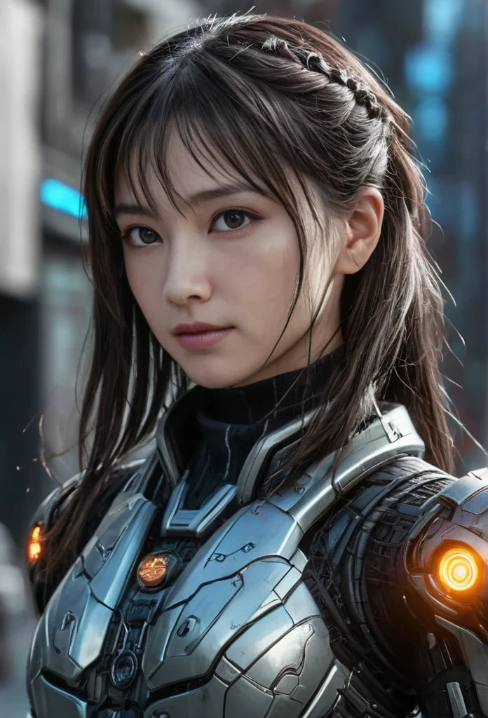 ((masterpiece)), accurate, textured skin, ((super detail)), high quality, high details, highres, best quality, black hair, long hair, Intricately braided hair, symbol-shaped pupils, cinematic lighting, chiaroscuro, textured skin, masterpiece, high details, super detail, A scene from a science fiction movie. A soldier who works in a city on a different planet from Earth. Wearing a functional bodysuit. The shoulders and arms are equipped with mechanical parts. young woman, Heavy armor,orange and blue metal parts, (Laser Rifle)