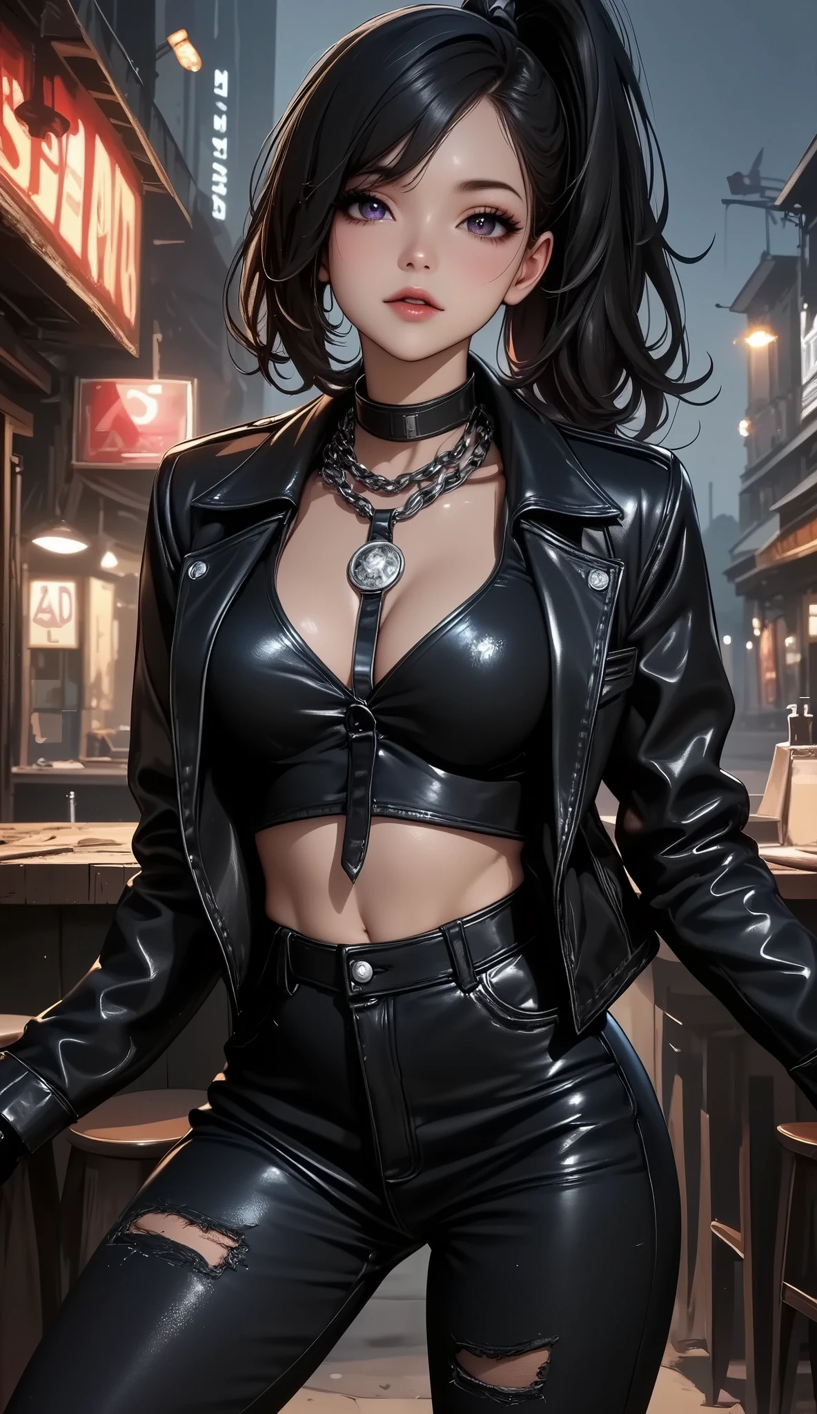 (best quality, highres, ultra-detailed, realistic:1.37), Taylor Swift singer posing for a photo, full body, beautiful female punk, gothic top model, dark piercing eyes, extremely detailed eyes and face, beautiful detailed lips, long eyelashes, nasty gaze, aggressive look, corpsepaint, gothcore, intense gothic atmosphere, black leather jacket, spiked collar, heavy eye makeup, dark lipstick, confident posture, standing tall, vibrant colors with a dark undertone, film noir style.