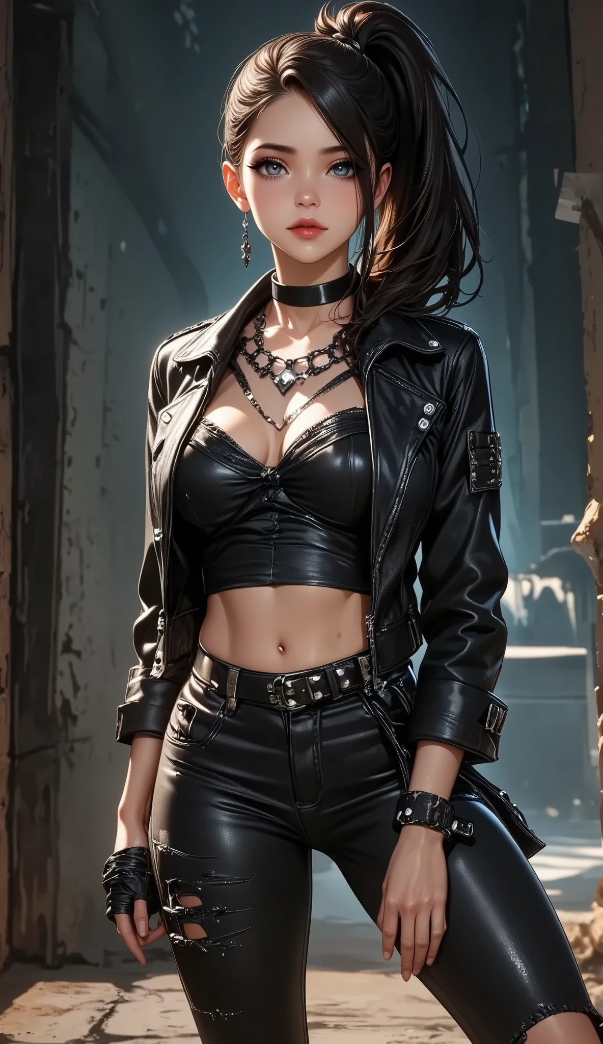 (Concept Art), masterpiece, Highest quality, Realistic, 8K RAW Photos, Tarot Card Style, Absurd iris texture, Accurate anatomy, To the audience, Cowboy Shot, (Realistic:1.5) , Perfect body, Attractive face、,Perfect Face,, 19 years old、((Horned Demon Hawk)),,美juvenile、Mature Face、Wide-set eyes,A tough climb、Three white eyes、Michael Jackson Style、Sharp Eye、very wide eyes、White skin and dark hair、((neutral))、Long Hair、Center parted hair、Disheveled Hair、The bangs cover the right eye、Long legs、black eye, Long legs, Long black hair, Edge lighting,、Slender body、juvenile、Tight waist、Rock Stage、grabbing a microphone、Bow legs、leather jacket、Leather pan、Leather Jumpsuit、male'S、Knee-high boots、Dark fantasy,Rock band backing band、
