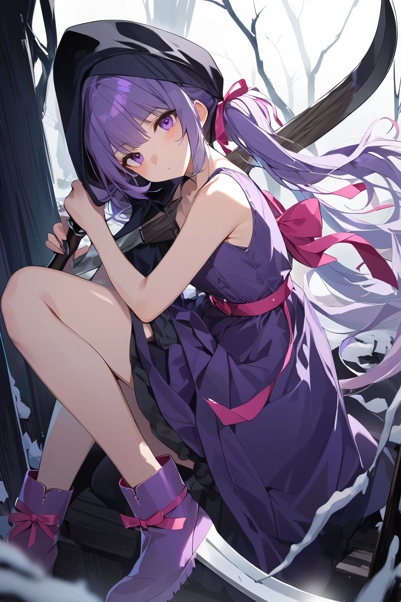 Bare shoulders,Plump breasts,tights,Holding the broken red rose in hand,long purple hair,magic circle,black stockings,Slender figure