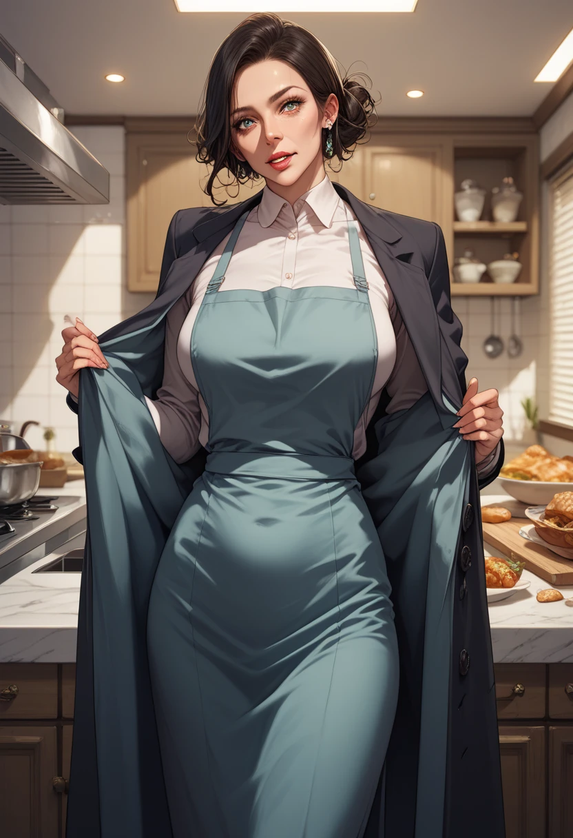 milf, coat, suit dress, apron, skinny