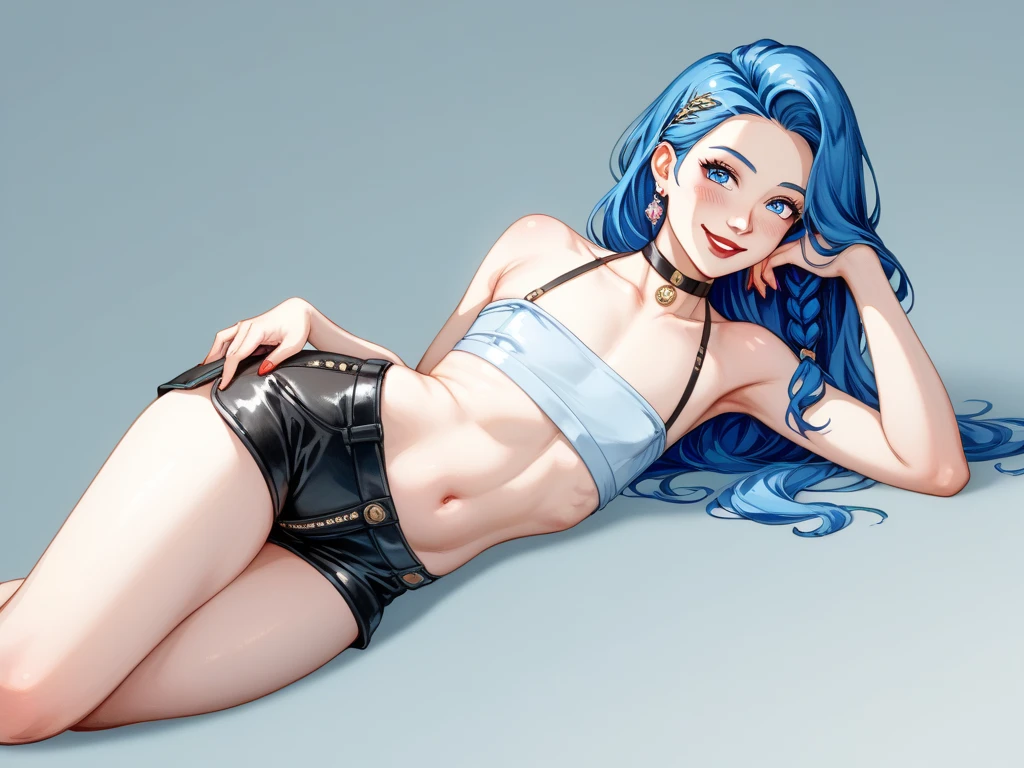 Jinx,Fleshy thighs，Poster publicity style，poster background，C cup，wears glasses，Ultra shorts，milk tea，baby cats