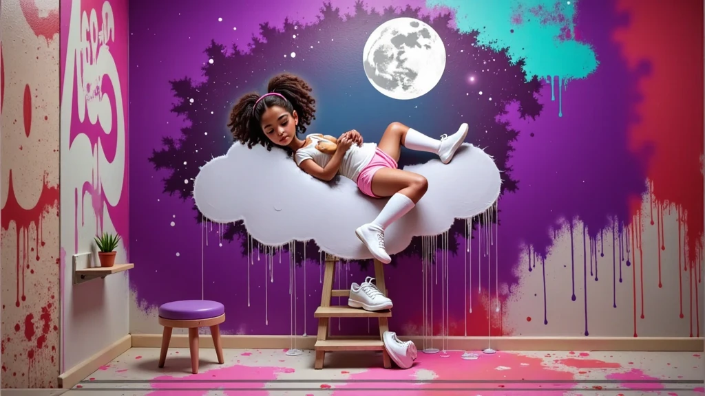 Inspired by the art of Disney Pixar movie posters in high quality and high resolution, create the image of a age: 10y, 10 anos de idade, 10yo , age: 10, attractive body, 1.35 m tallgirl with light brown skin, curly hair tied in two ponytails like plum pink in her hair, wearing a white t-shirt without any print and a pair of short pink shorts, white knee-high socks and just below there is a small two-step ladder with the sneakers she has just taken off, white sneakers. An important detail is that the entire environment is dirty with paint with stains of paint that gives a liveliness and artistic inspiration to the moment. The girl is also all dirty with paint. She is beautiful, she is 1.35 m tall with an attractive, sensual body, she wears clothes that highlight her beautiful and attractive body. She is involved in a surreal artistic scene where she will imaginarily lie down, rest, sleep, with her eyes closed, in a white cloud that runs down the wall that she herself painted the scene takes place in a painting that highlights a night with a full moon and stars it is a breathtaking scene