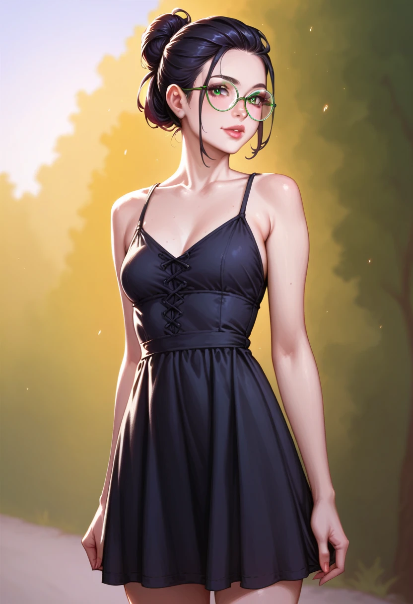 score_9, score_8_up, score_7_up, score_6_up, 1girl, Patty, PattyRH, black hair, hair bun, gradient hair(red-black), green eyes, big round eyeglasses, small breasts, slim, pale skin, dynamic pose, black sundress, outdoors, cowboy shot
