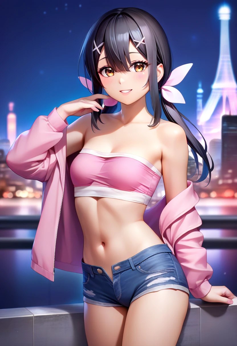 (Masterpiece, Ultra-high resolution, 8k, High Quality, Top quality, High-Detailed, Detailed CG, Cinematic Shadow:0.5, Beautiful Detailed Eyes, Ultra Resolution, Depth of Field, High Resolution, Masterpiece: 1.2), (Anime Art style), (cowboy shot), (night:1.4), (city:1.4), 1girl, solo, miyue, long hair, black hair, low twintails, sidelocks, hair ribbon, x hair ornament, hairclip, hair between eyes, bangs, hair ornament,brown eyes, midriff, (pink tube top), denim hotpants, open fly, gyaru clothes, thighighs, small breasts, beautiful breasts, smile, 