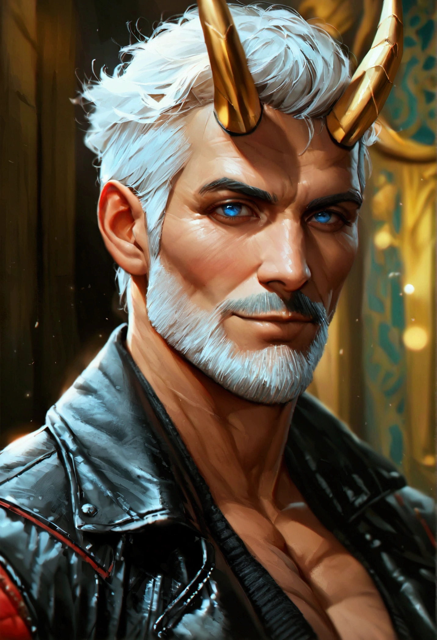 one man, middle-aged man, handsome, 53 year old, blonde hair, quiff sides and tape hairstyle, golden double little horns in temples, blue eyes, friendly smile, more prominent muscular body, larger muscles, bodybuilder bodyshaped, more prominent muscular legs, black sweater, black-v stripped red leather jacket, black trousers with red Y strips, closer distance face, closer distance head, looking at viewers, realistic quality, ultra-realistic style, hyperrealistic, hyperdetail, aesthetic, dreamy, HD, High Quality, masterpiece, best quality, 8k resolution 