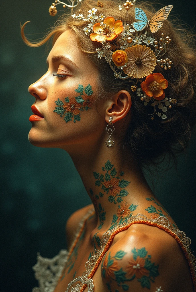 Elfo tatuado. Camisa branca leve. Ruivo barba curta escura. Magia. Mago. Bruxo. Folhas e flores nos cabelos. Tattoo of leaves and flowers emerging on arms and hands