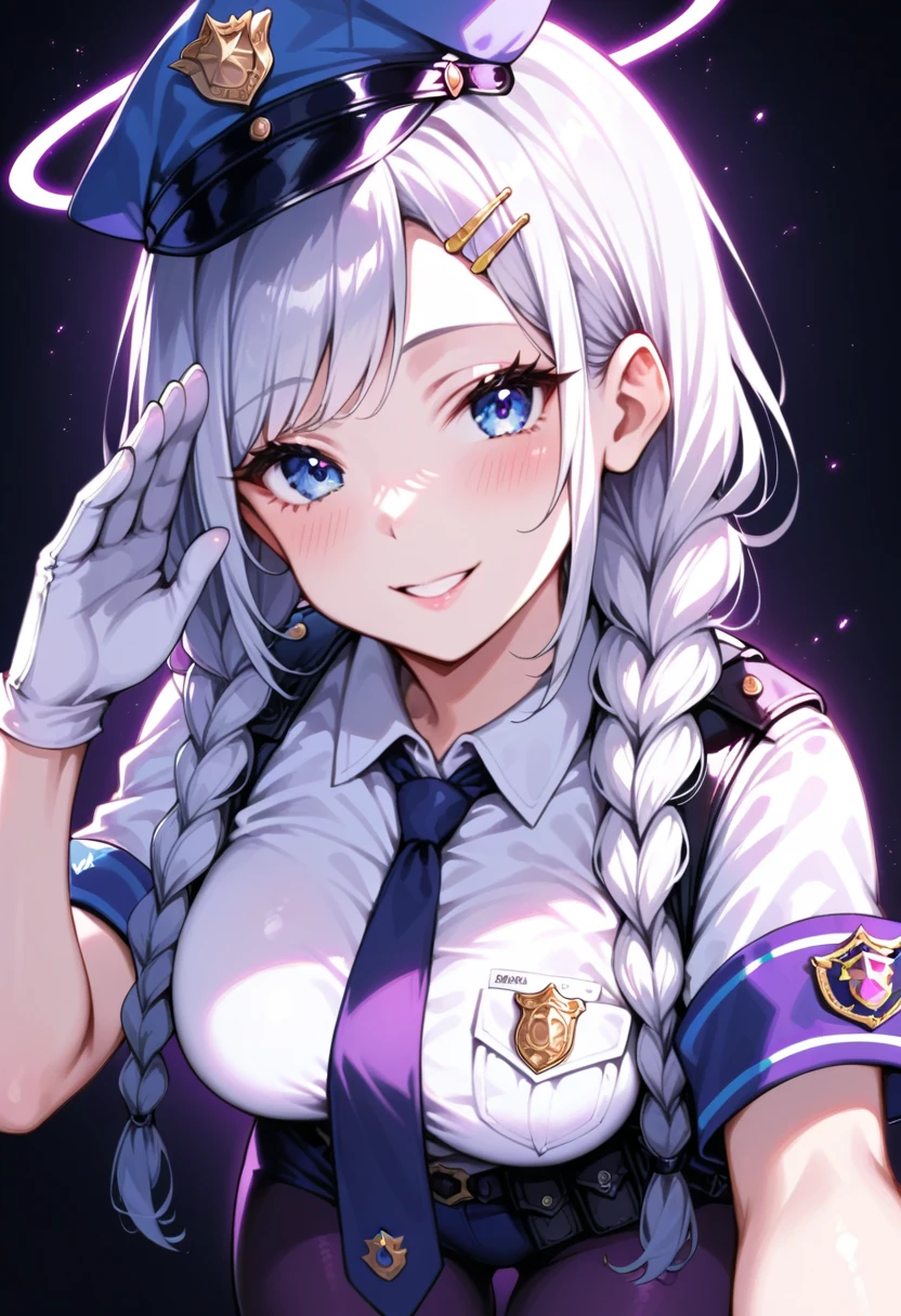 ((masterpiece,best quality)), absurdres, BREAK, , zzKirino, white hair, halo, long hair, twin braids, braid, blue eyes, twintails, ahoge, blue halo, hat, swept bangs, police hat, hair ornament, hair between eyes, breasts, hairclip grey dress, policewoman, salute, smile, white gloves, white jacket, police badge, purple necktie, armband, black pantyhose, blue necktie, gun, purple pantyhose , BREAK, leaning forward, head tilt, blush, upper body,, BREAK, solo, smile, looking at viewer, cowboy shot,
