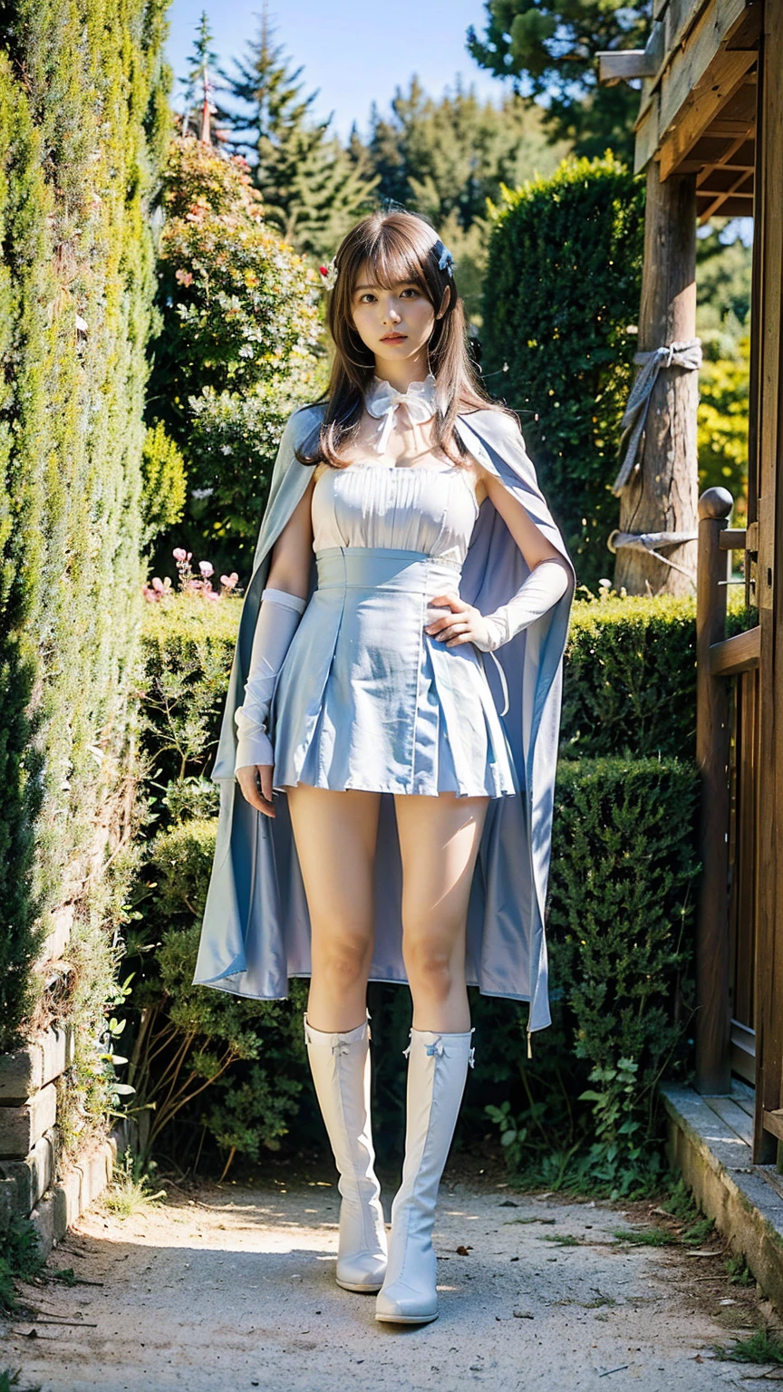 (8k、RAW Photos、Highest quality、masterpiece:1.2)、(Realistic、Realistic)、1 Girl、((Light blue and white dresini skirt、Off the shoulder、Magical Girl Costumes、With ribbon、Exposed Skin、Medium Hair、whole body、Sandals、Cape、garden、View from the front、Looking at the camera、Stand with hands on hips))、cute