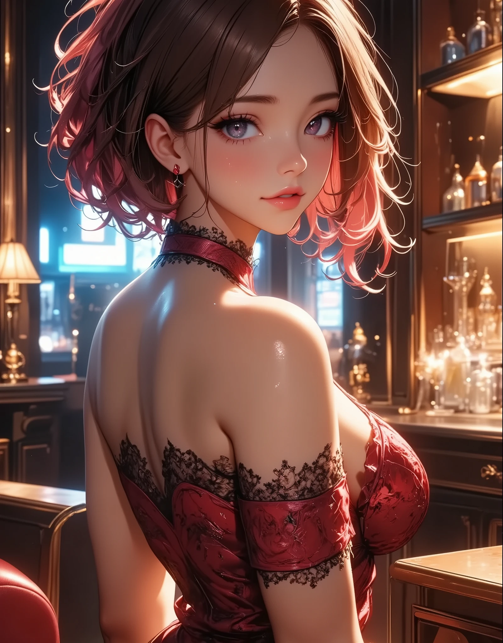 (Highest quality), (masterpiece), (High resolution), (Intricate details:0.2),(Professional Lighting), room, Detailed Background, Red enamel bondage, , (Previous View), One girl, alone, (Beautiful Face:1.40), The body is slim, Fine skin, smile, Brown hair with long ponytail, Grey Eyes, (Triangle Trojan:1.10), View the viewer,