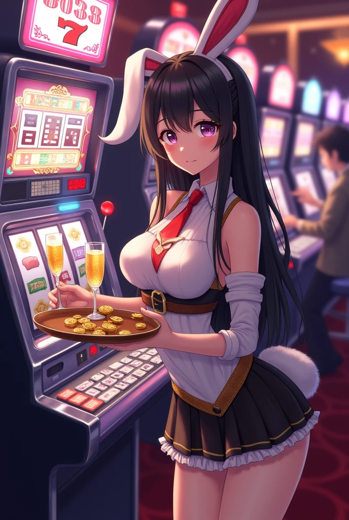 (masterpiece), best quality, (((nude naked girl has annoyed face and holding a playing card))), girl has green eye and large breast and nipple and vagina and very short brown hair and short brown pixie hair and red lipstick and earring and bow tie and bow tie and bow tie and black stockings and cufflink and wristwatch and crowd of businessmen in background, and crowd of businessmen in background, and crowd of businessmen in background, casino setting, slot machines,