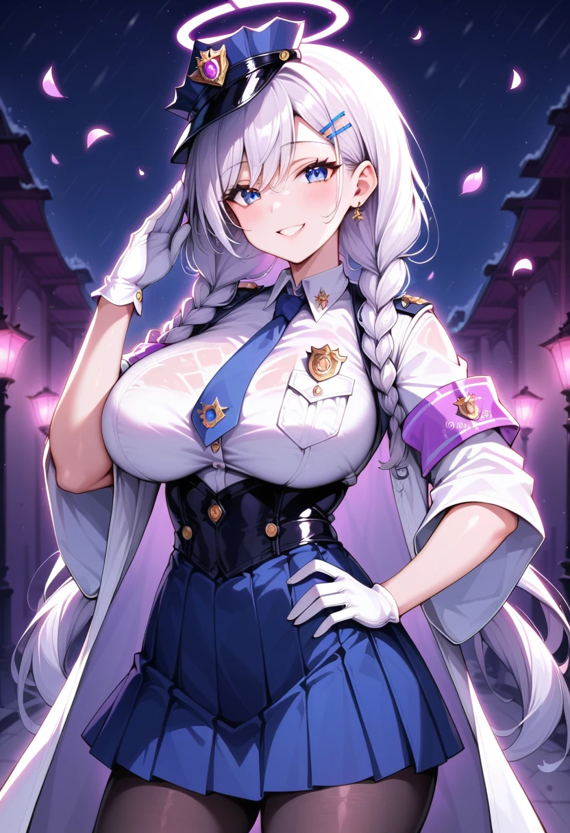 (ultra realistic,32k, masterpiece:1.2),(high detailed skin:1.1),( high quality:1.1), zzIllya, looking at viewer, night, outdoors, snowing, sky, BREAK, zzKirino, white hair, halo, long hair, twin braids, braid, blue eyes, twintails, ahoge, blue halo, hat, swept bangs, police hat, hair ornament, hair between eyes, breasts, hairclip grey dress, policewoman, salute, smile, white gloves, white jacket, police badge, purple necktie, armband, black pantyhose, blue necktie, purple pantyhose , ,BREAK, blooming stars, luminescent petals, otherworldly fragrance blurry background, (looking at viewer, standing:1.1), huge breast, large breast, (glowwave:1.1),
