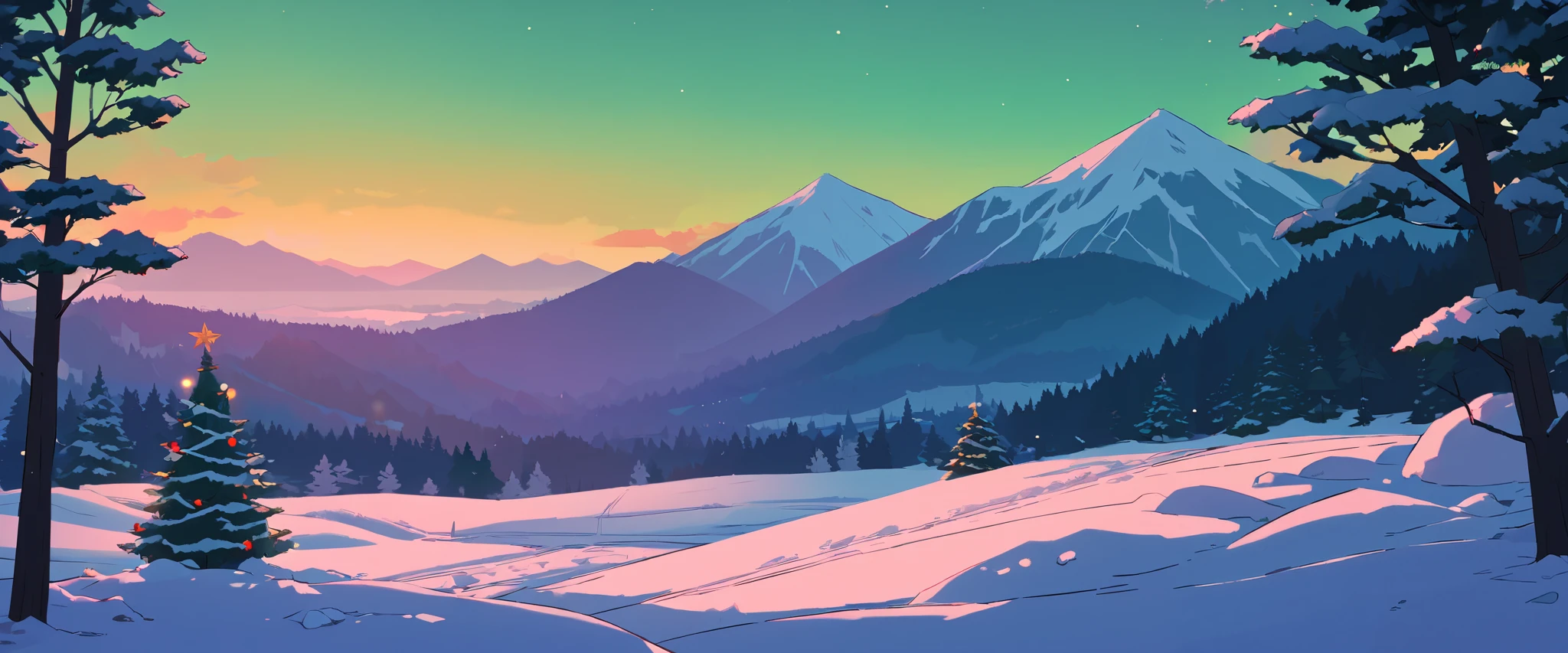 Christmas vibes ultrawide ,cozy ,lofi ,landscape ,forest ,mountain