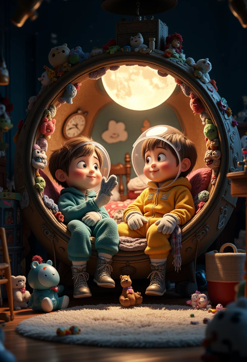 disney-pixar style, s room, two boys playing moon base, visible moon base made of chairs and furniture and blankets, toys serve as tools for building the base, boys dressed in long pajamas, rubber gloves, winter boots, plastic transparent bucket pretends to be a cosmonaut helmet, dark room lit by a lamp hidden in the base under blankets, midjourneyv6.1