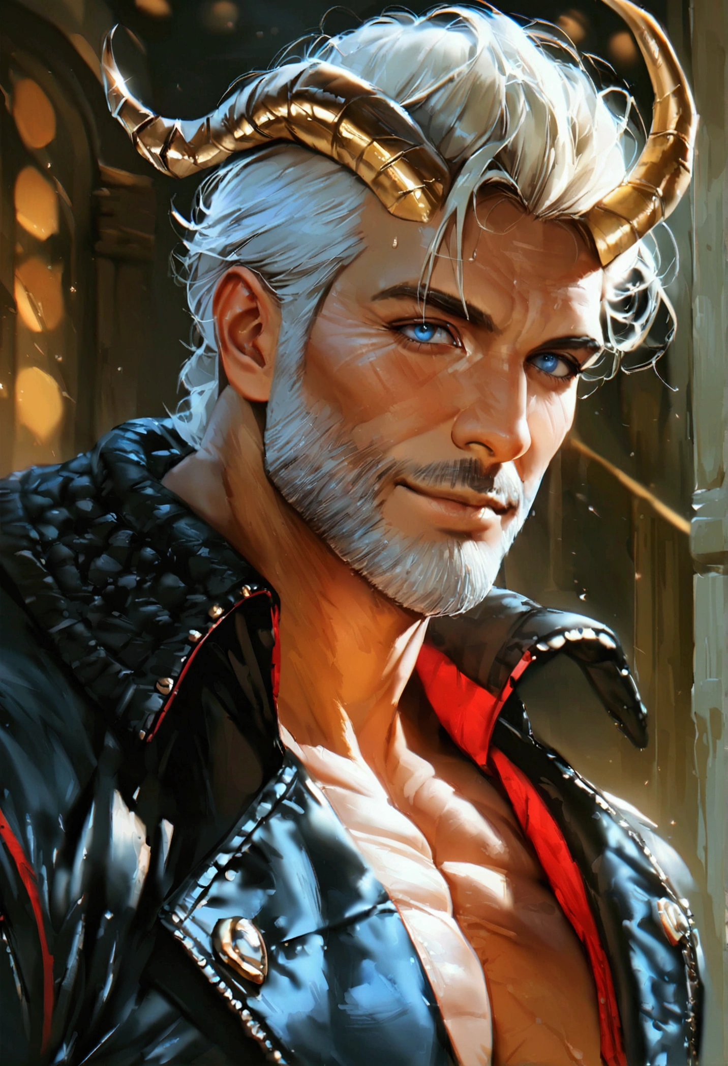 one man, middle-aged man, handsome, 53 year old, blonde hair, quiff sides and tape hairstyle, golden double little horns in temples, blue eyes, friendly smile, more prominent muscular body, larger muscles, bodybuilder bodyshaped, more prominent muscular legs, black sweater, black-v stripped red leather jacket, black trousers with red Y strips, closer distance face, closer distance head, looking at viewers, realistic quality, ultra-realistic style, hyperrealistic, hyperdetail, aesthetic, dreamy, HD, High Quality, masterpiece, best quality, 8k resolution 