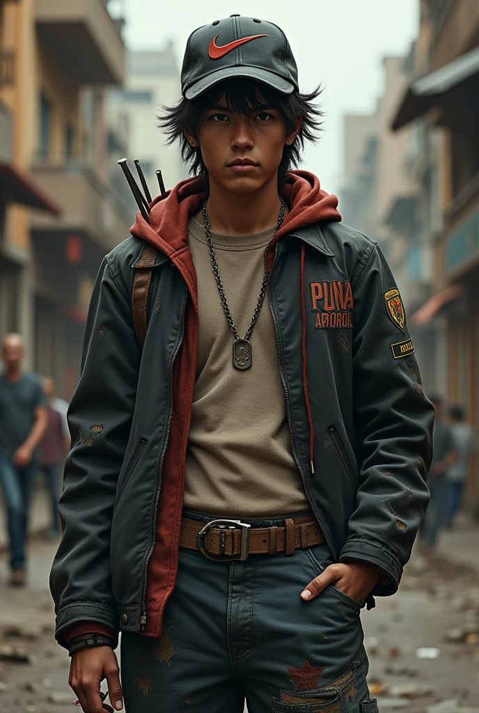 Teenager Tom with dark hair, skater gangstar outfit with open jacket and wide pants, psychopath smile holding a bloody baseball bat on his shoulder