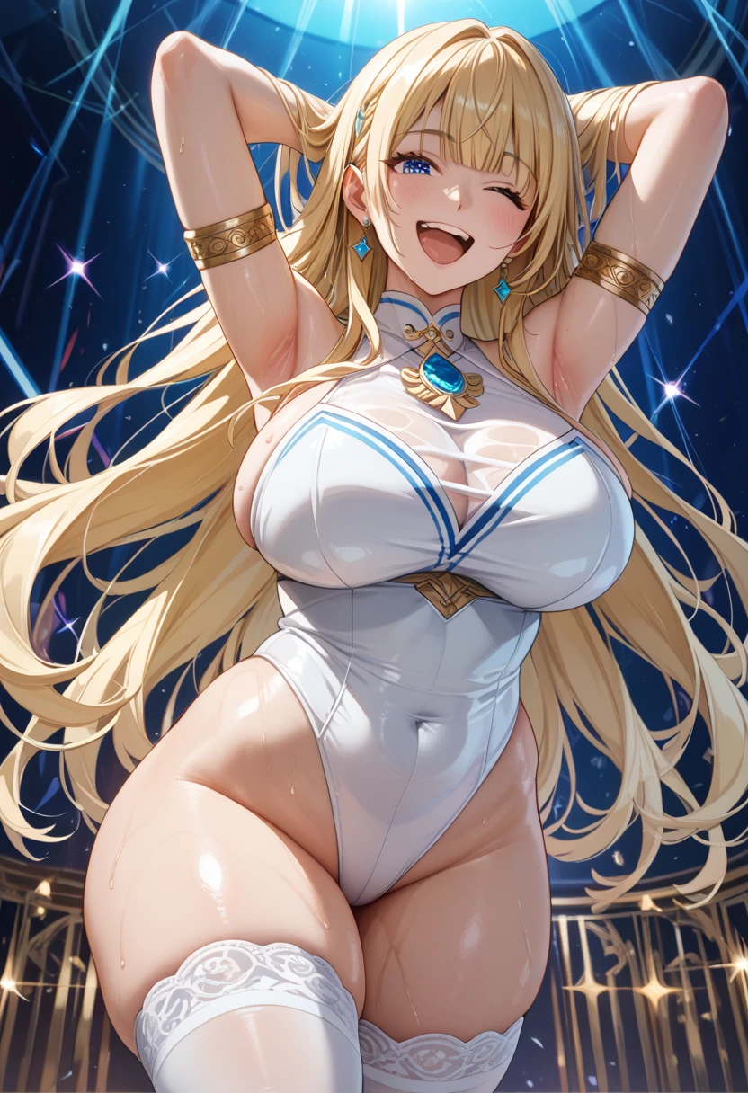 asuna ichinose, blonde hair, blue eyes, hair bow, hair ornament,, halo, long hair, mole, mole on breast, ,　live stage, Big Breasts, naked, nsfw,　SOLO,