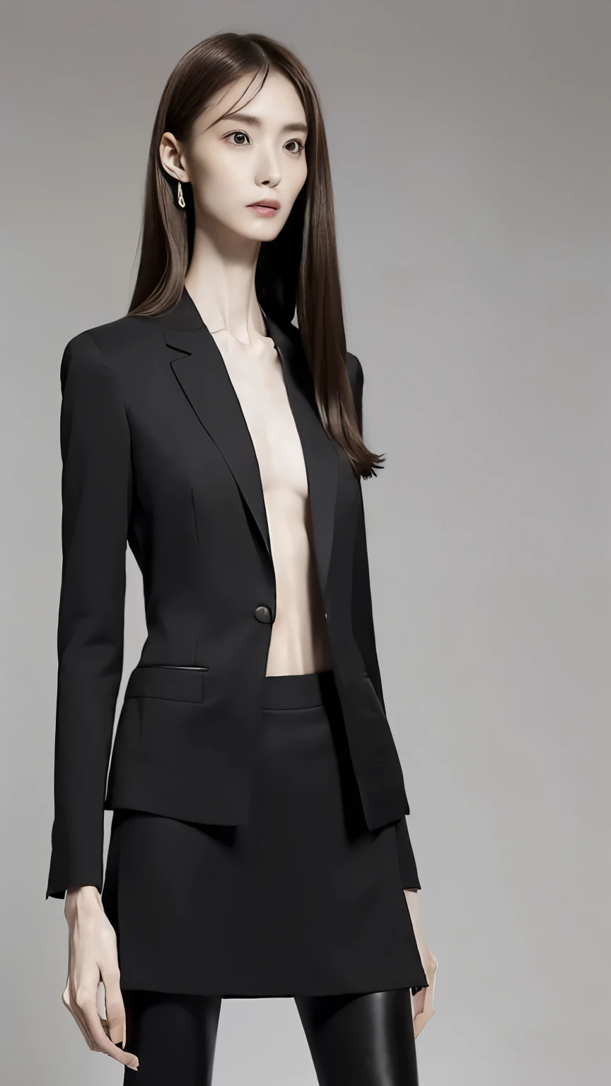 (Anorexia Long and thin body:1.4). Alone,(unrealistically very long legs:1.4), Very Thin, best quality、 super detailed、8k、attractive woman、 Beautiful Women、Panting face、 black hair、(black long sleeve recruitment suit:1.4)( black tight skirt:1.4)、 standing、whole body、Down to the tips of your toes