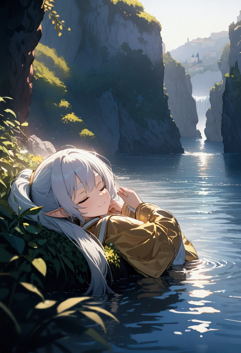 ( best quality, masterpiece,  ultra high resolution,  super detailed:1.2) ,( A twin-tailed silver-haired elf girl is sleeping in the sun),silver round eyebrows , eyes closed ,Lie down,smile,soft lighting, I can see a rocky cliff overlooking the ocean in the background , Spectacular views,The surface of the water sparkles,Castle in the Sky, Green plants, Sunlight is streaming in. white and gold costume , navy blue stockings, brown boots , creates a warm atmosphere .(Capri ,  Italy),( Claude Monet :1.3),motion blur, masterpiece ,8k, super high definition , High Quality, best quality,