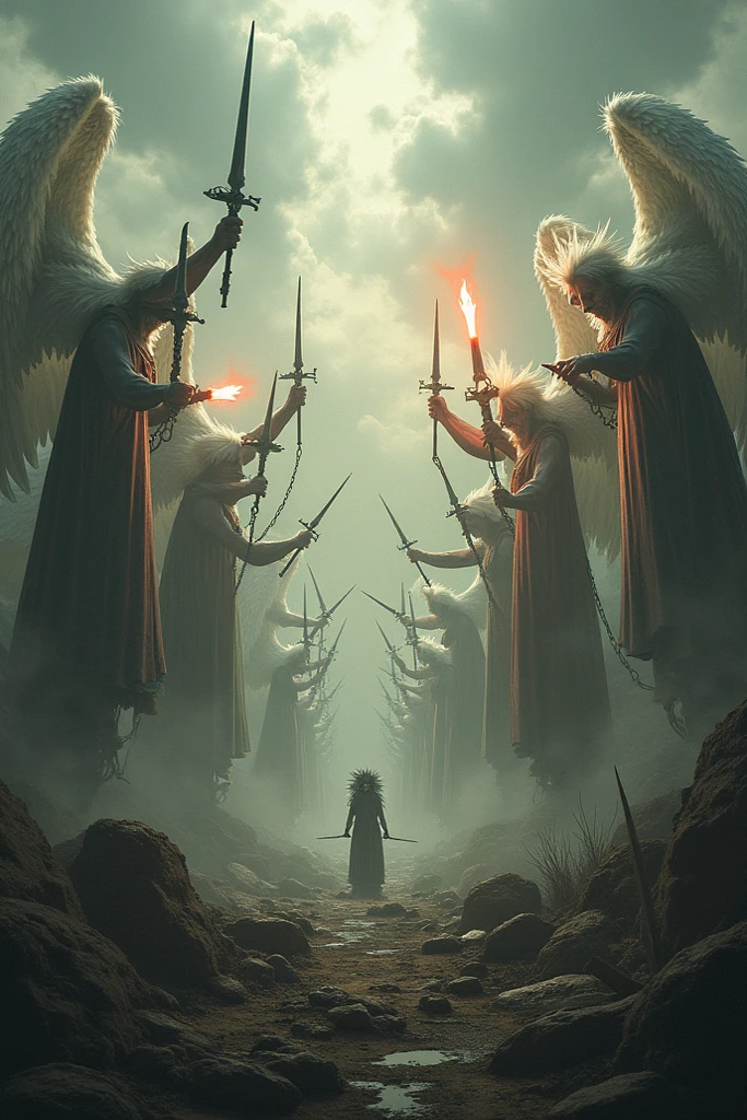 A place with a destroyed climate , with 12 different types of weapons on the right and another 12 on the left , those on the right are sacred weapons held by angels and the 12 on the left are cursed weapons held by demons, this whole place is characterized as good and evil , as if it were a temple where good and evil fight , all weapons have chains holding them to a place