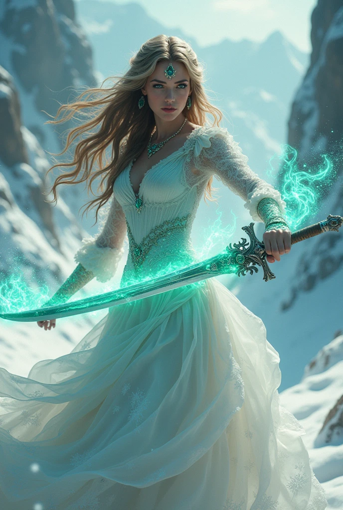 A beautiful woman with long flowing hair wielding an rainbow flaming sword, dancing in a snowy landscape, wearing a flowing white dress, adorned with emerald jewels, her confident smiling face surrounded by swirling clouds against a mountainous backdrop, (best quality,4k,8k,highres,masterpiece:1.2),ultra-detailed,(realistic,photorealistic,photo-realistic:1.37),extremely detailed eyes and face,longeyelashes,intricate ice sword,dramatic lighting,moody atmospheric,fantasy,cinematic,digital painting