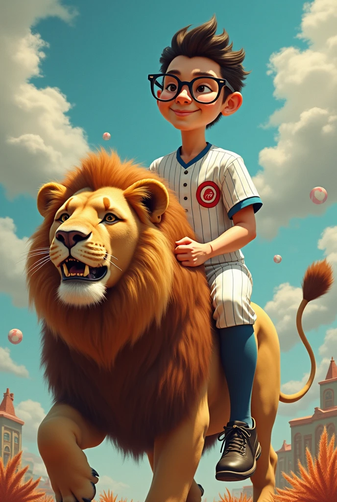 A girl with light brown hair wearing a dark blue cap with a "M" written in white and an Olympic gold medal, she is sitting on the lap of a dark haired white man, with the quiff hairstyle, the man is muscular and shirtless, the man is also wearing a crown on his head.
The man is riding on a lion, the lion is Emo, and has lush bangs that partially cover her face, the lion is on a skateboard The scene is an Olympic skateboard court