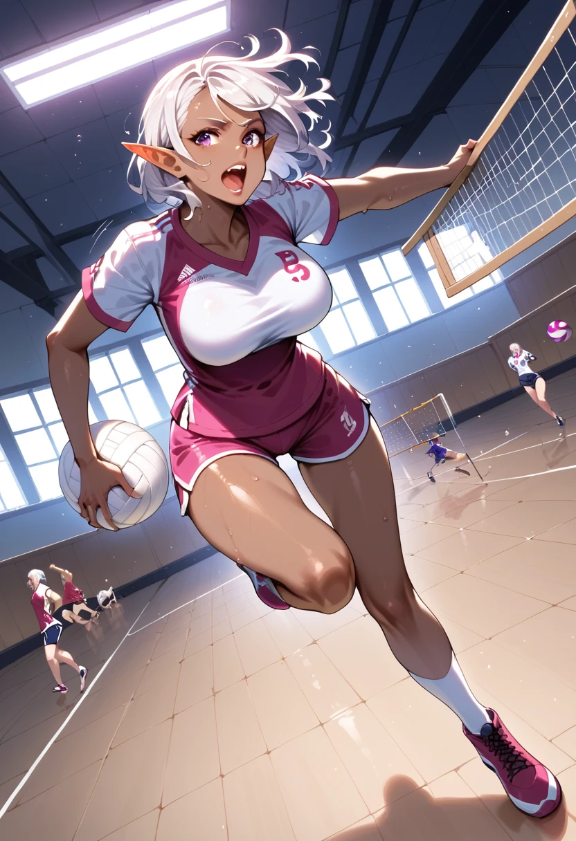 masterpiece, best quality, amazing quality, very aesthetic, absurdres, 1girl, solo, medium hair, purple eyes, white hair, grey hair, pointy ears, dark skin, dark-skinned female, elf, dark elf, long pointy ears, white top, red bottom, volleyball uniform, indoors, volleyball, running, open mouth, screaming, dutch angle, motion lines, shoes, shorts, large breasts, holding ball, volleyball net,
