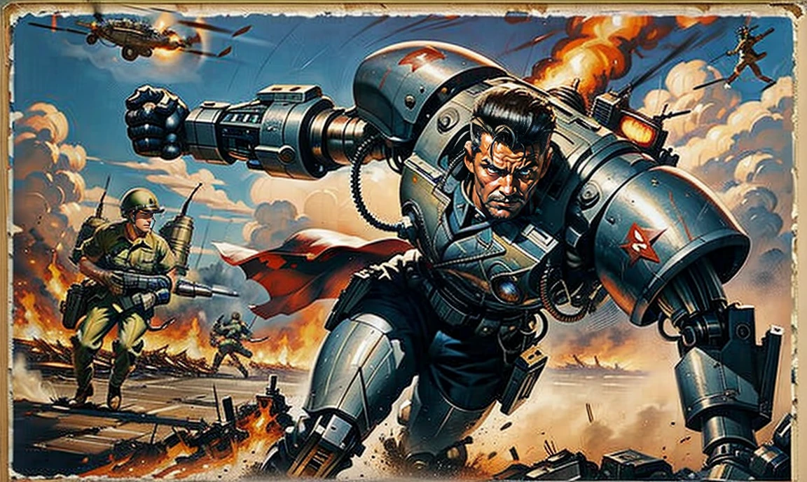 3/4 portrait, close up. vintage style. 1940s. a tough 1940s handsome male soldier with a cybernetic arm and leg, walking through the fires of war with a resolute expression.