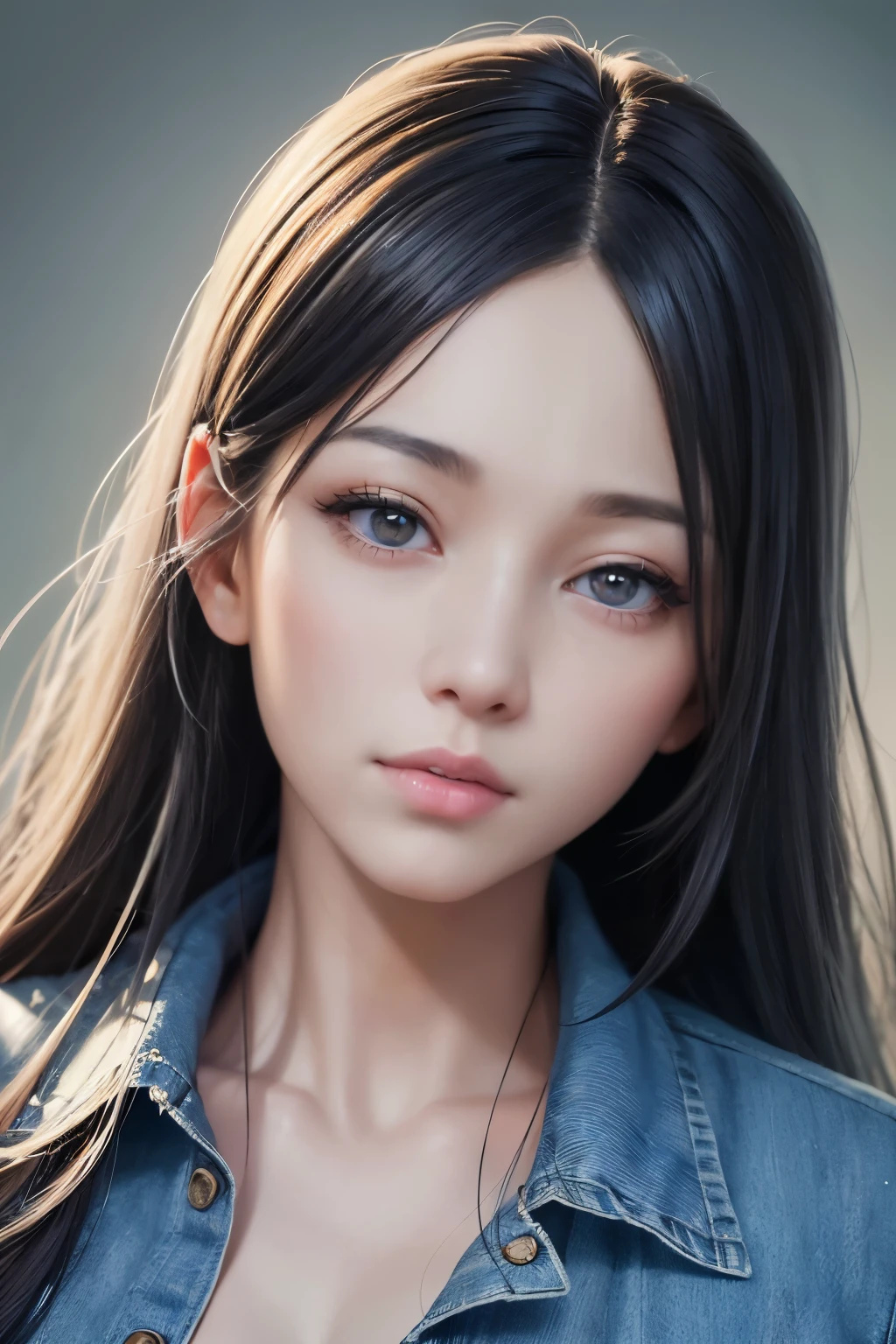 a close up of a woman with long hair wearing a denim shirt, kawaii realistic portrait, realistic. cheng yi, realistic digital painting, 8 k realistic digital art, realistic digital illustration, photorealistic!!!!!!! art style, realistic cute girl painting, realistic digital art 4 k, realistic digital art 4k, very realistic digital art, beautiful realistic face, photorealistic beautiful face