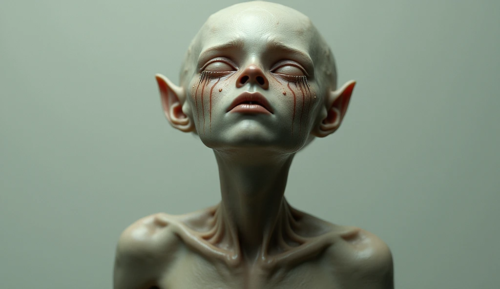 one girl, elf ears, , pure, cute naked, topless, a Woman alien mix, human Body, big tits,   shed skin, alien nose but the Rest of the face ist human, (((whiskers))) big eyes, full black eyes, hybride 10 % elf 30 %alien and 60 % human, face mostly woman,  shed kin at Body Arms and shoulders and neck, tits are human , nipples , full black Iris, slender No clothes