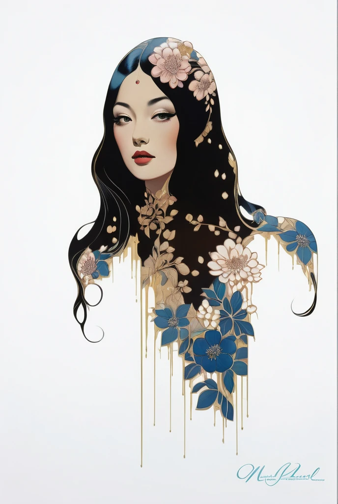  as an elegant and sensual illustration , Retro and nostalgic , with filigree flowers around her body , matte painting, By Hannah Dell, Movie poster art by Harumi Hironaka ,  Extremely Soft Colors ,  vibrant , pastel,  very detailed ,  Digital Artwork,  High Contrast, dramatic,  blue and white porcelain 