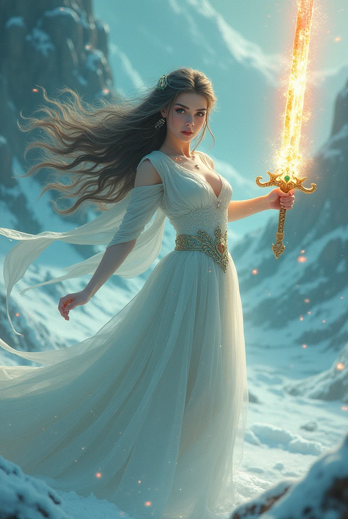 A beautiful woman with long flowing hair wielding an rainbow flaming sword, dancing in a snowy landscape, wearing a flowing white dress, adorned with emerald jewels, her confident smiling face surrounded by swirling clouds against a mountainous backdrop, (best quality,4k,8k,highres,masterpiece:1.2),ultra-detailed,(realistic,photorealistic,photo-realistic:1.37),extremely detailed eyes and face,longeyelashes,intricate ice sword,dramatic lighting,moody atmospheric,fantasy,cinematic,digital painting