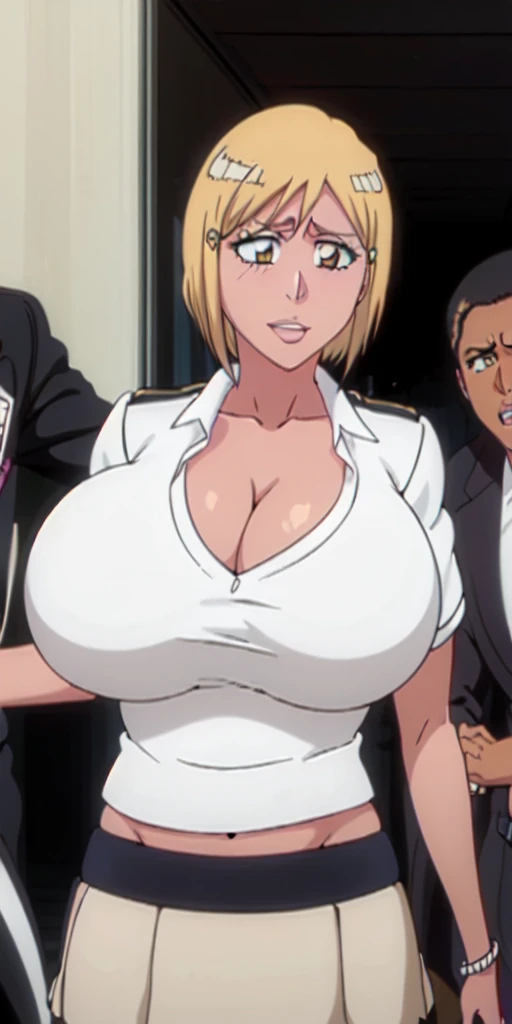 Orihime Inoue,Bleach artstyle,Big breast,Enchanted big breast,Thick lips,Circle piercing in lips,((((White shirt school uniform)))),Cleavage,(((short gray skirt)))Curvy figure,Plump,Hoopa bracelet,Long nail,Side burn visible,look at viewer,(((yellow blond color hair))),((head facing front)),High quality,Highres,Humongous big breast,visible ear,Big cleavage,light blush,Stud earring,A lot of piercing,((black Chocker)),Hyper Detail,((dark colored Skin)),((tanned Gyaru)),Crossing arm,Messy hair,Detailed lips,Colorless lips,puckered smile,unbuttoned collar shirt,mono color hair,((Shura messy hair)),See throught leopard print bra,Half eyes open,Solo,1girl,light blush,Glossy lips,((Himecut bang hair)),flirty,Enchanted big breast,