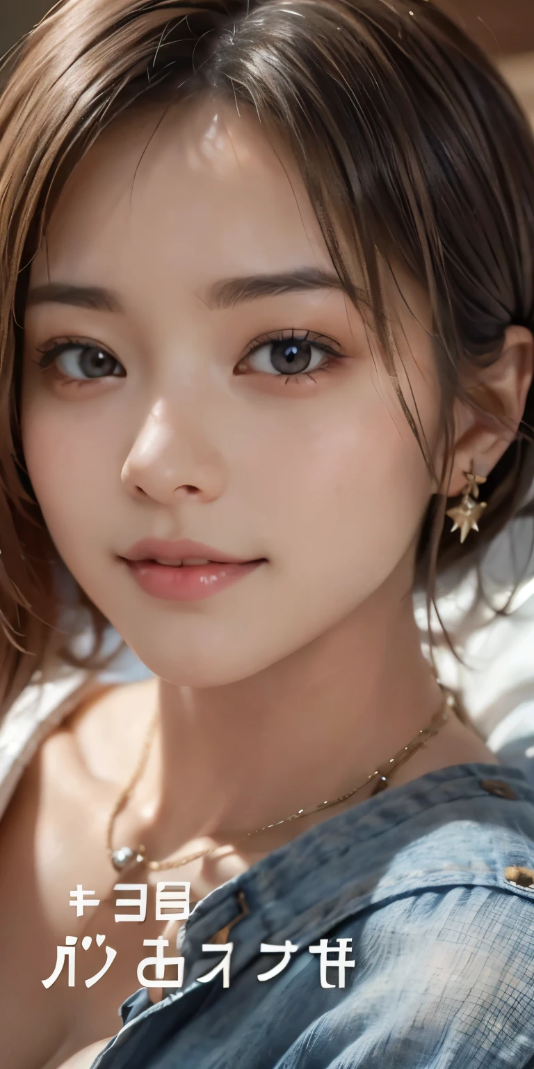 of Misaki,(8k, RAW Photos, Best Quality, masterpiece: 1.2), Very detailed, Super Resolution, (Genuine, Genuine photos: 1.37), Portraiture, High-quality RAW color photos, Professional photography, Very detailedで美new, Very detailed, 8K wallpaper, Amazing details, Large file sizes, Official Art, Very detailed CG Unity 8K wallpaper, Very detailed beautiful girls, Very detailed facesHighly detailed eyes, Very beautiful skin, Very detailed fingers, Very small nose, Very detailed detailed mouth, Perfect Anatomy, Detailed Background, High Quality Clothing,20th Generation, cute girl, Genuineistic body, White skin, Glowing Skin, (Straight bangs: 1.2), smile, cute, Like々new, cute face, Genuineistic face, Delicate eyes, Saggy eyes, Earrings, necklace、Looking into the camera, Embarrassed face、Embarrassed face、Dynamic Lighting,((( C cup breasts,Small breasts)))、(Gorgeous nightclub background１.2)、(Dynamic Sexy Pose 2)、(Gorgeous Theme 2)、(With cleavage 2)、Touch your buttocks with both hands)、(((Transparency、Short denim pants、Short denim pantsを脱ごうとしている、To sexually seduce、)))、Erect nipples are visible、(((Sleeping in bed、Spread your legs)))、(((Shoulder-length hair、Hair sticking out)))