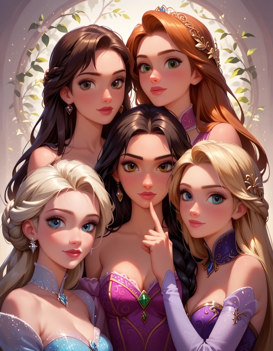 score_9, score_8_up, score_7_up, score_6_up, rating_questionable, 4girls, group, beautiful waifu, very sexy Anna, Elsa, Ranpunzel, and Megara, embracing, wearing (beautiful ballgowns, bare shoulders:1.1), sexy look, eyes half-closed, filled lips, thick lips, detailed eyes, detailed face, dimly lit, perfect hands, (Hand, detailed, perfect, perfection, hands:1.2), perfect proportions, simple background, (cowboy shot:1.4).