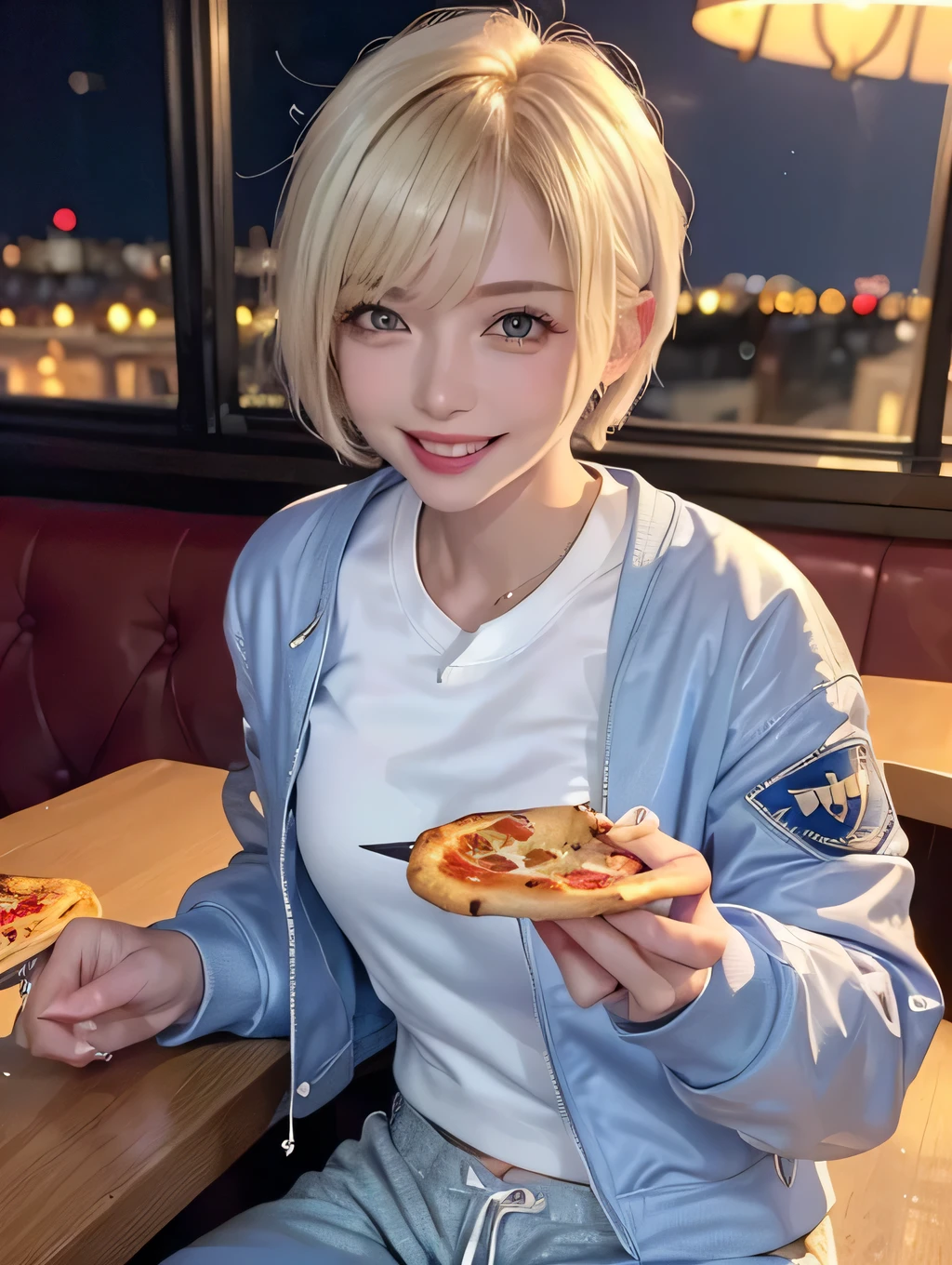 {masterpiece}, (1woman), (pov), (portrait), ((close up)), (sitting across the table), (American diner), (cocktail light), (in the night), (pizza on the table), 20years old, ((blonde hair, short hair)), (big smile), ((blue bomber jacket)), ((white sweat shirt)), ((blue jogger pants)), ((costume focus)), Korean
