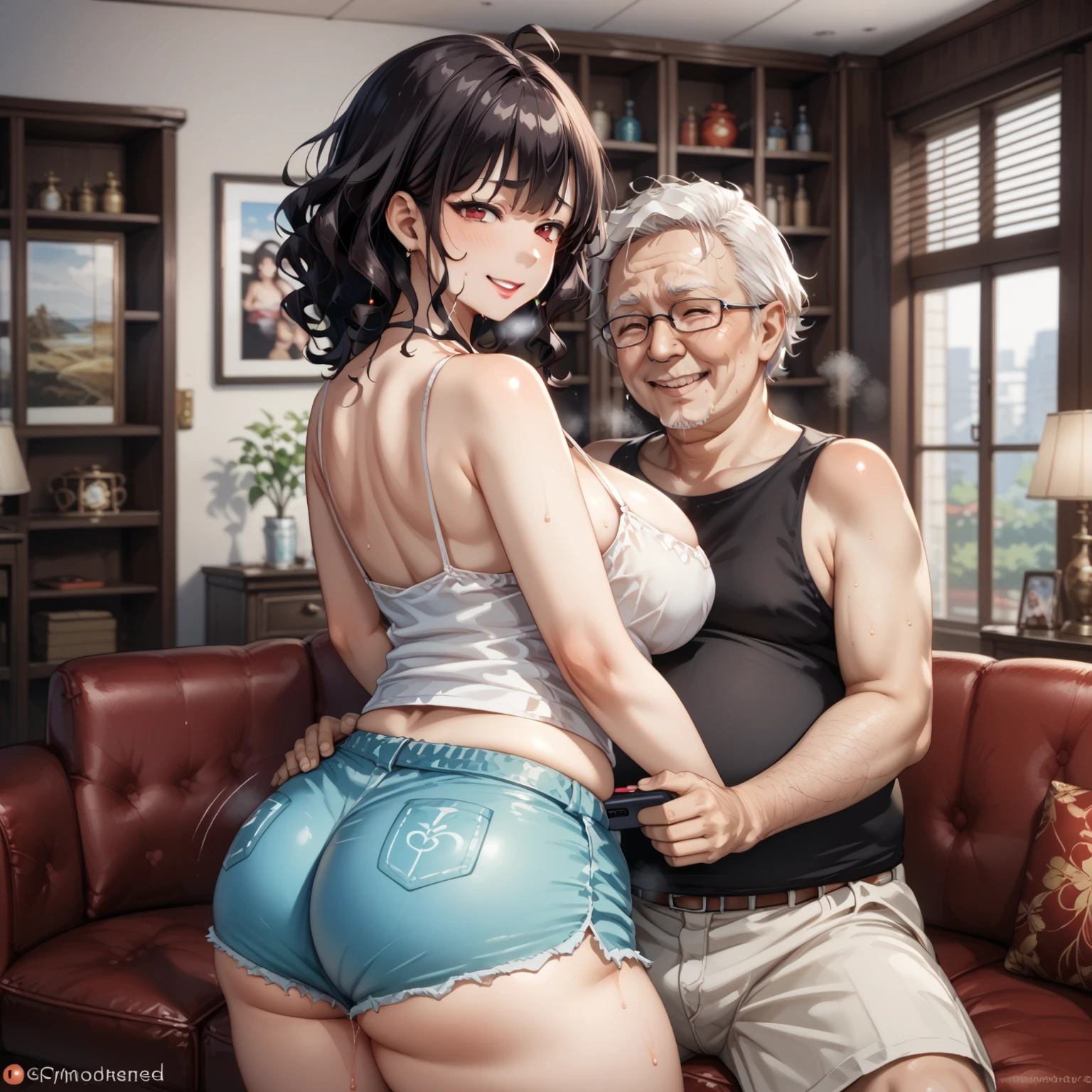    score_9,    score_8_up,    score_7_up,  source_Anime, 1、１ female students、１Old man 、女性と The old man is in a remote location、smile、 women with dark hair 、 mature woman 、40-year-old woman、Parting the bangs、 very big breasts 、Touch M cup big boobs 、 very big butt 、 plump 、 women standing 、Red face、 ashamed、発sweat、sweat、 camisole and shorts 、Fix disheveled hair 、Fix messy clothes 、An old man with a loose body 、 The old man is in a remote location、The two are separated 、There is distance、 The old man is sitting on the back sofa 、 The old man places his hand on his crotch、 the old man touches his own crotch、 living room 、NTR_face,straight-on、mature female、foreshortening、