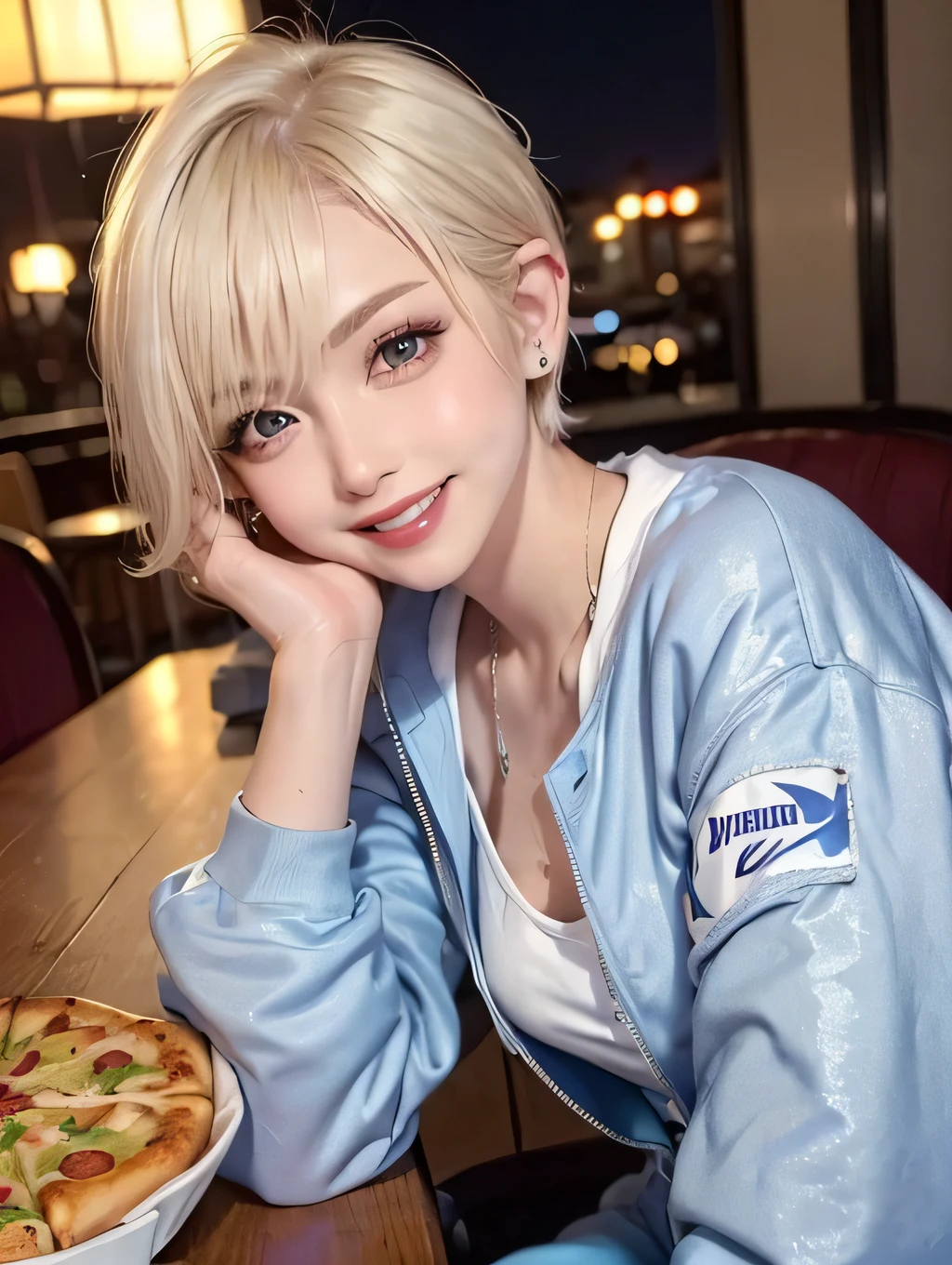 {masterpiece}, (1woman), (pov), (portrait), ((close up)), (sitting across the table), (American diner), (cocktail light), (in the night), (pizza on the table), 20years old, ((blonde hair, short hair)), (big smile), ((blue bomber jacket)), ((white sweat shirt)), ((blue jogger pants)), ((costume focus)), Korean
