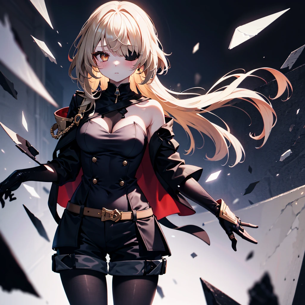 1girl, ashen_blond_hair, long_hair, bangs, Orange_eyes, two_side_up, hair_over_one_eye, blush, medium_breasts, Black_trench_coat, gauntlets, Black_pantyhose, grey_shorts, pale skin